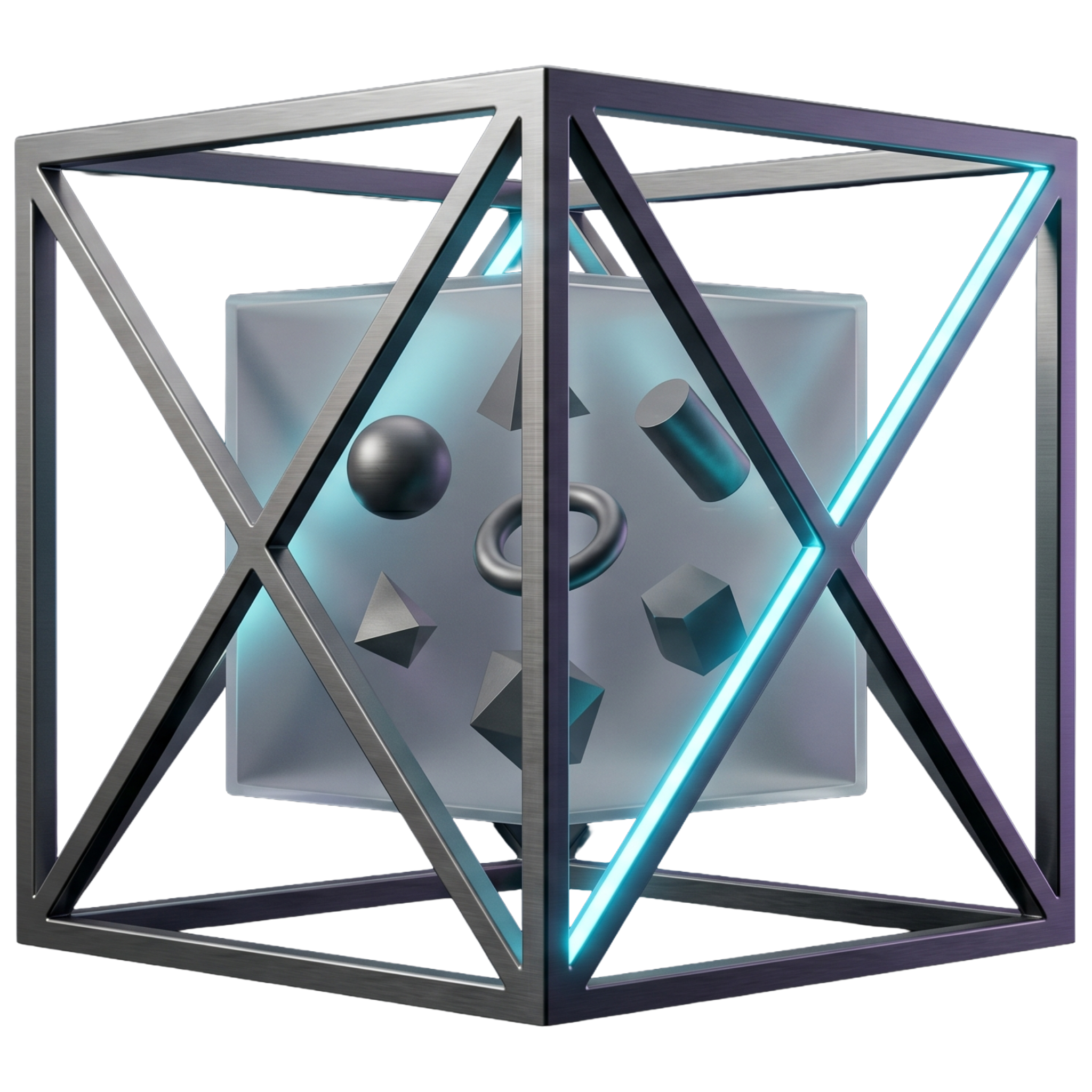 Geometric lattice cube containing a translucent inner cube — abstract structure under regulated constraint